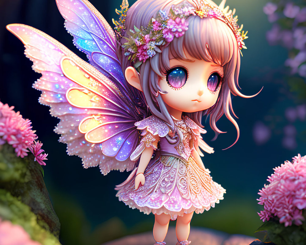 Whimsical fairy with iridescent wings in enchanted forest