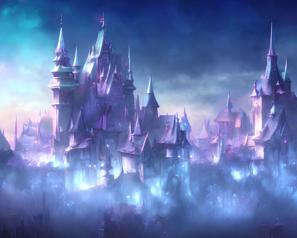 Mystical fantasy castle with spires in foggy twilight landscape