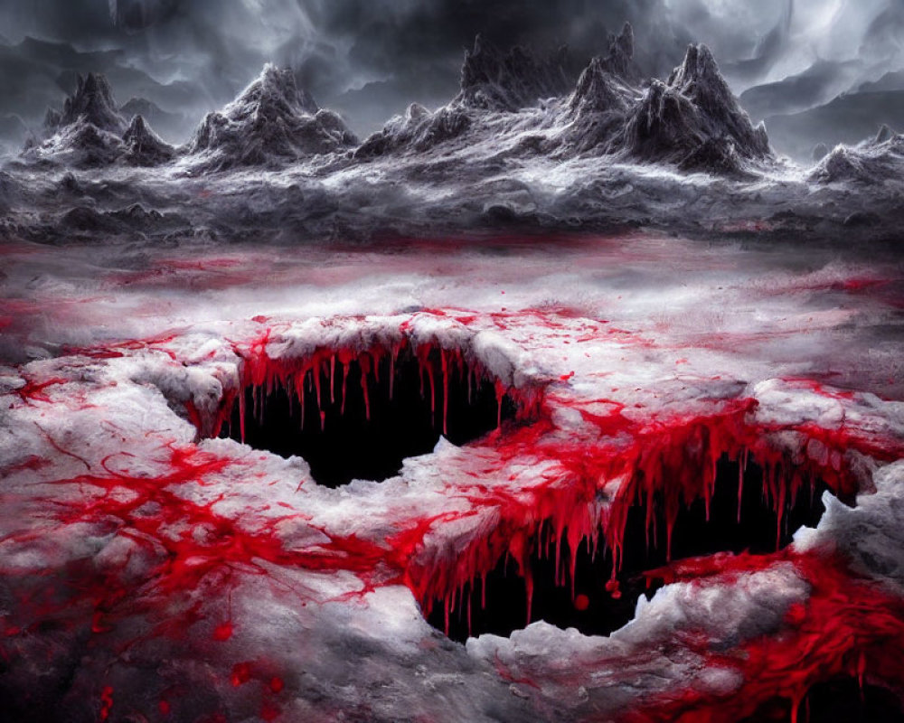 Dark Landscape with Jagged Mountains and Blood-Red Fissure