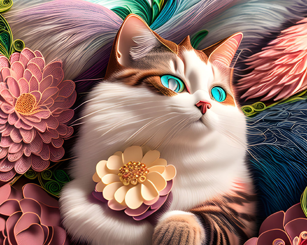 Vivid cat illustration with turquoise eyes and vibrant flowers.