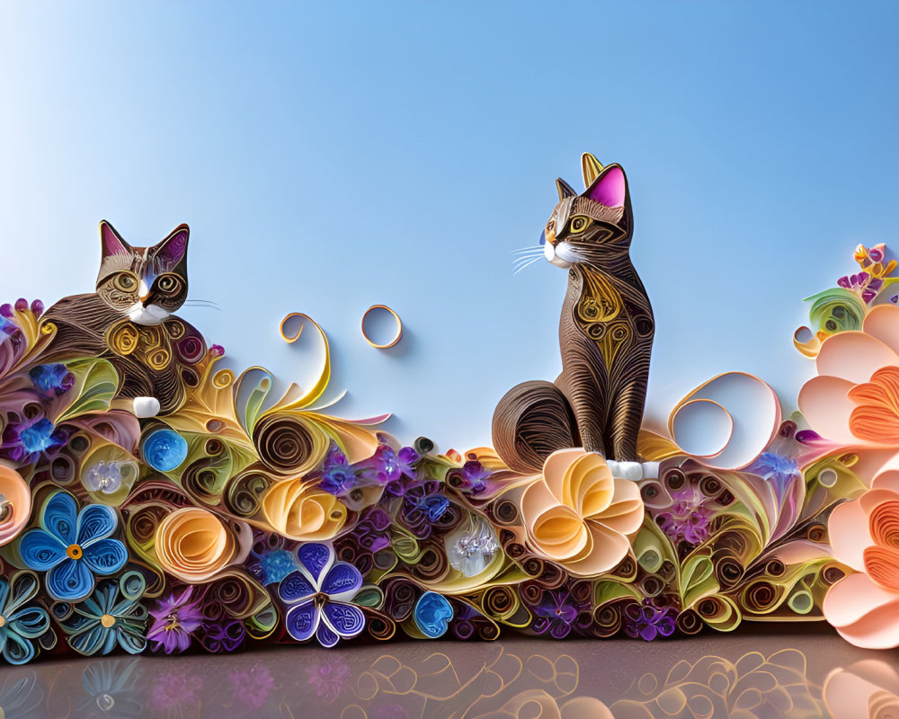 Stylized cats with quilled paper flowers on blue gradient background