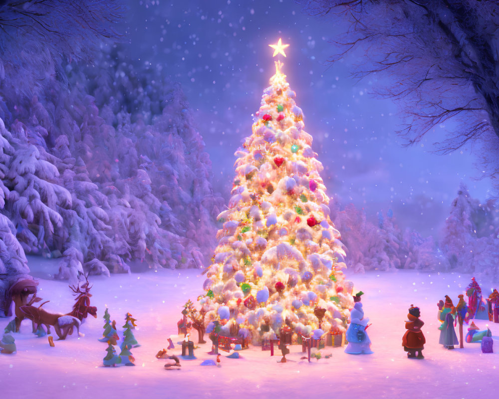 Decorated Christmas tree in snowy landscape with holiday characters and animals.