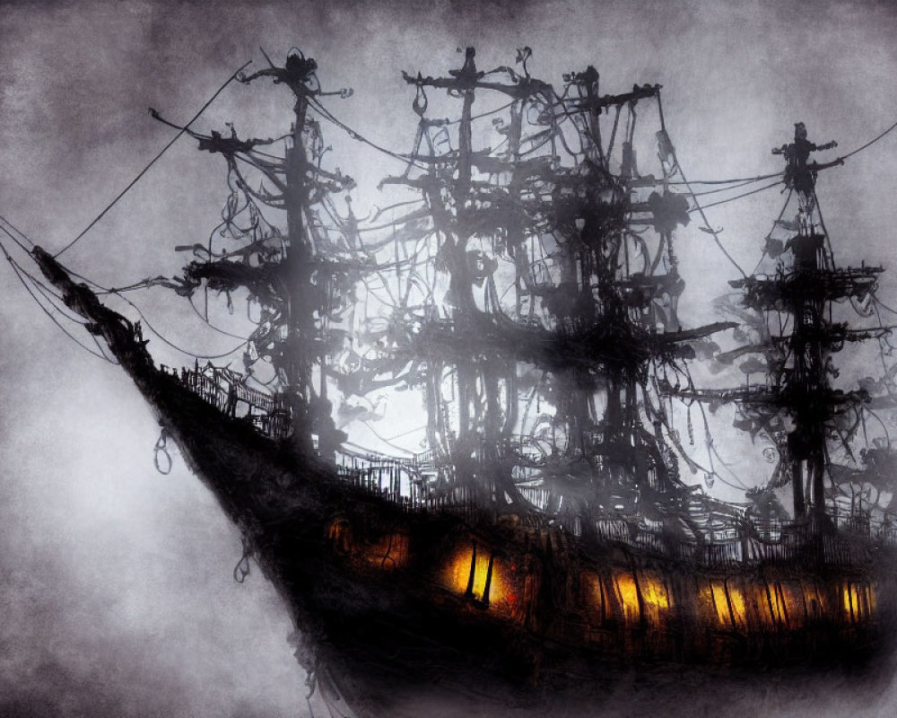 Ghostly illuminated tall ship in mist with intricate rigging