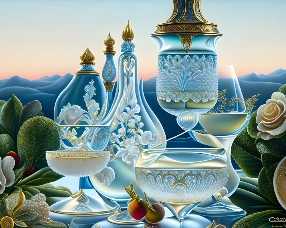 Luxurious Still Life Painting with Ornate Vessels and Succulent Plants