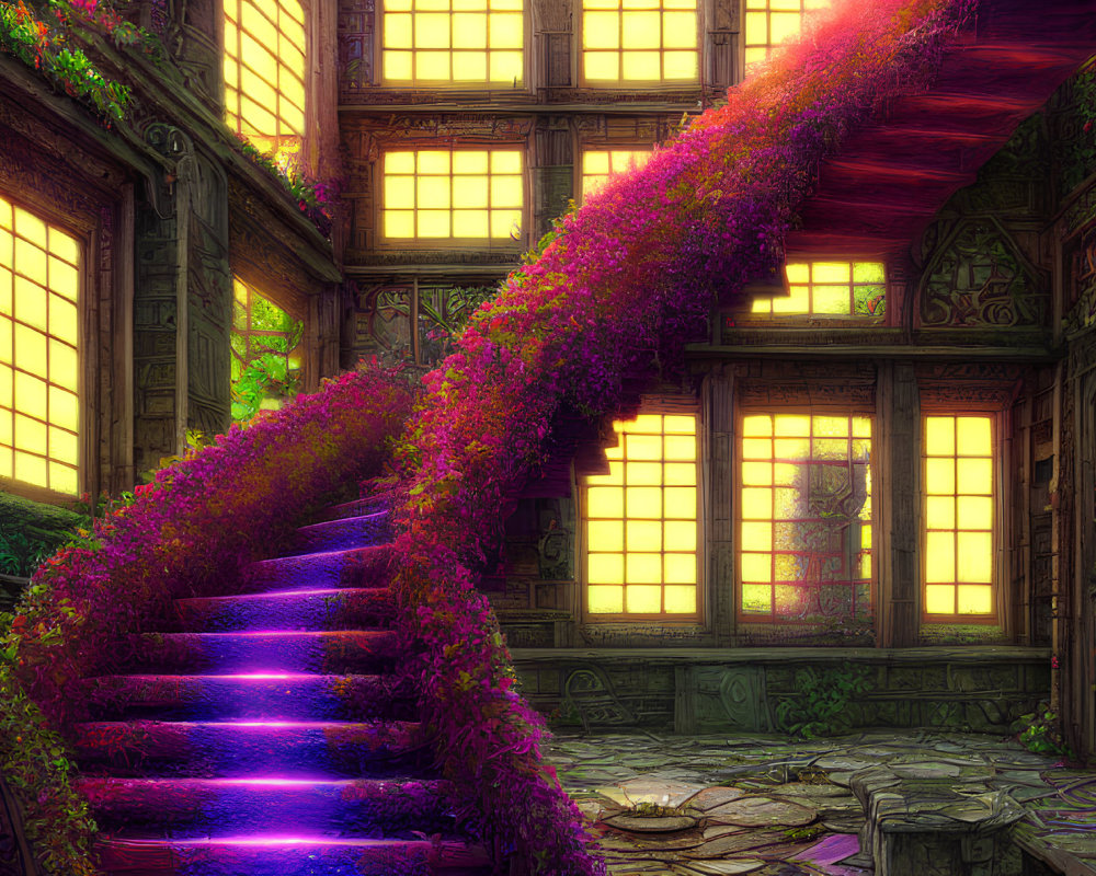 Enchanting digital artwork of ivy-clad staircase in mystical building