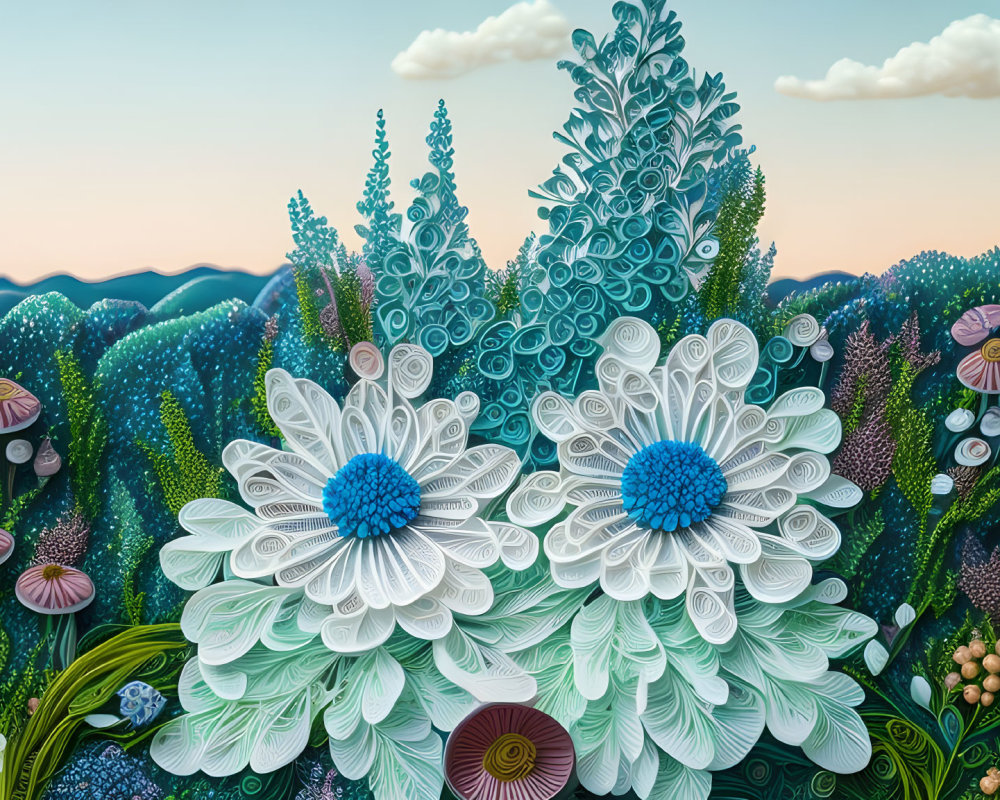 Colorful oversized flower artwork against rolling hills and cloudy sky