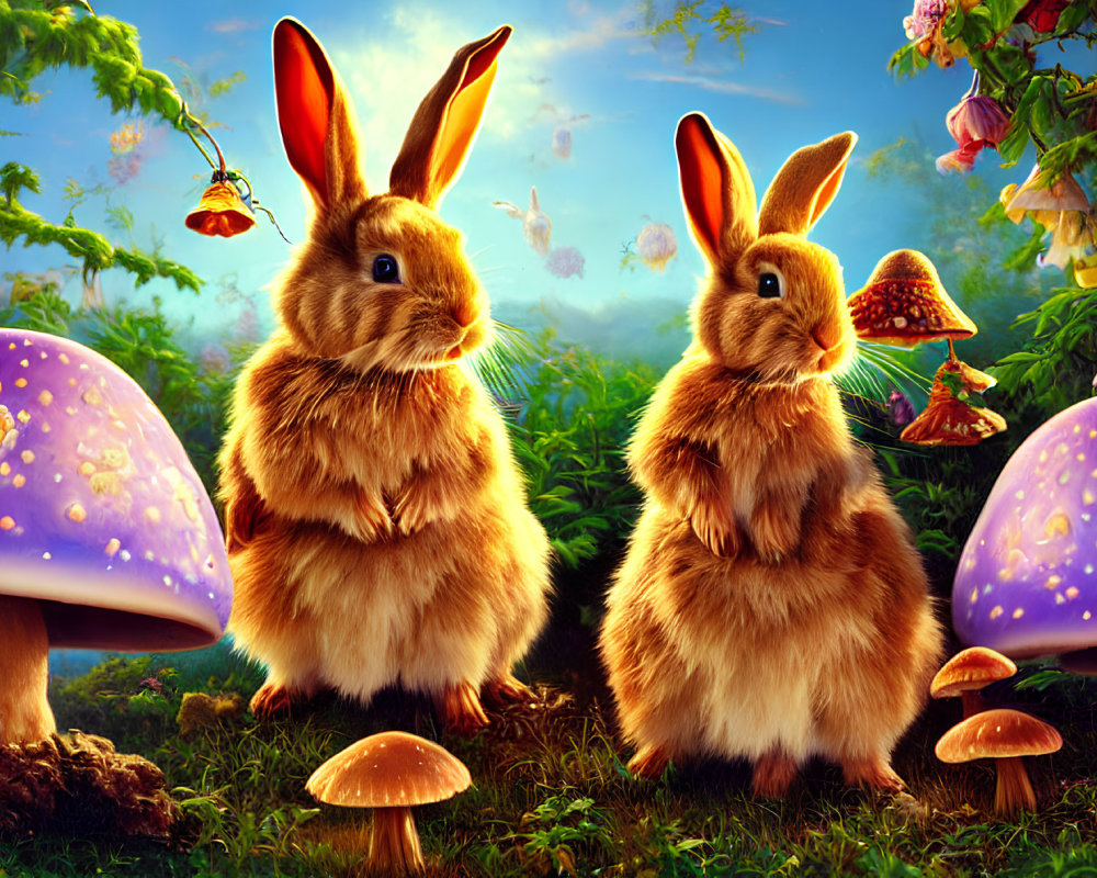 Fluffy rabbits in whimsical forest with vibrant mushrooms and butterflies