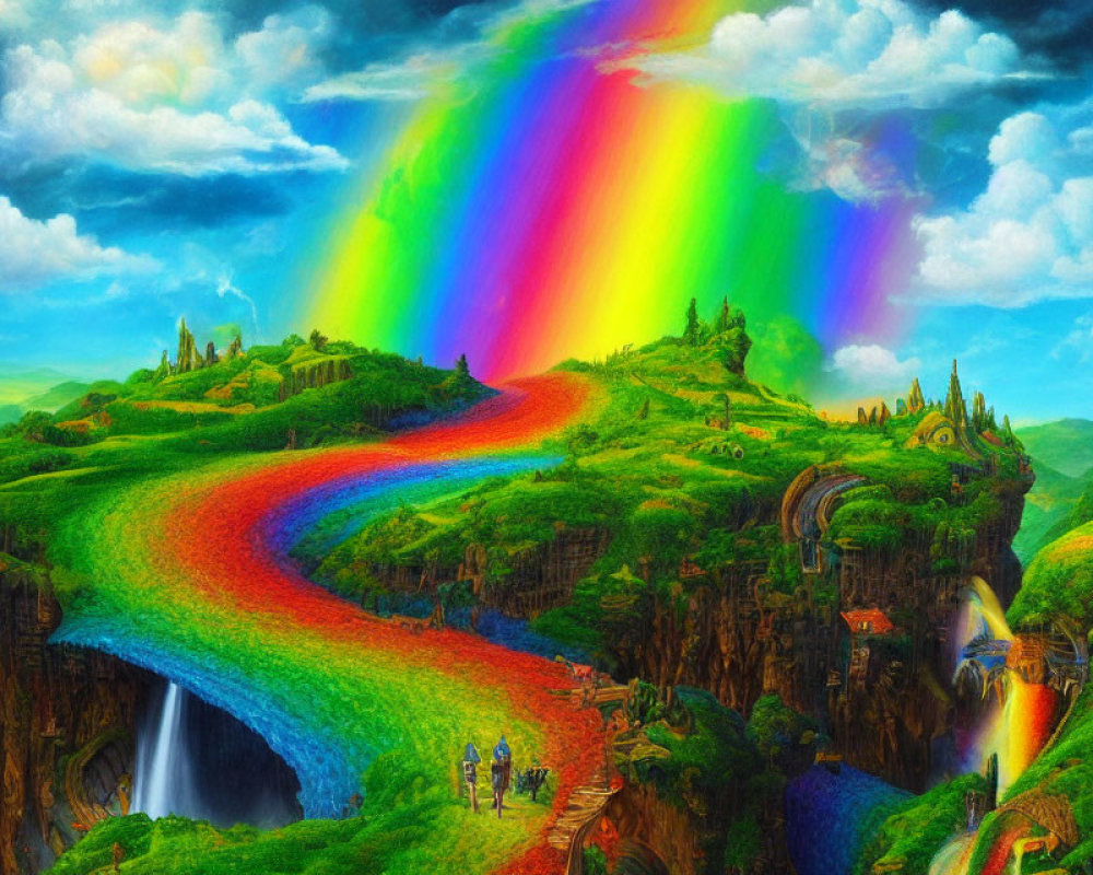 Colorful fantasy landscape with rainbow bridge, waterfall, figures, greenery, and whimsical architecture.