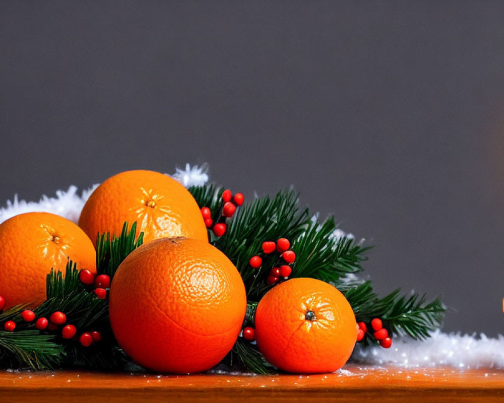 Festive orange and winter decor with pine branches and candle