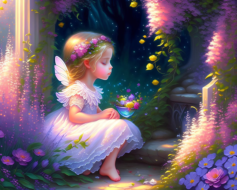 Young fairy girl in enchanted garden at dusk with glowing flowers.