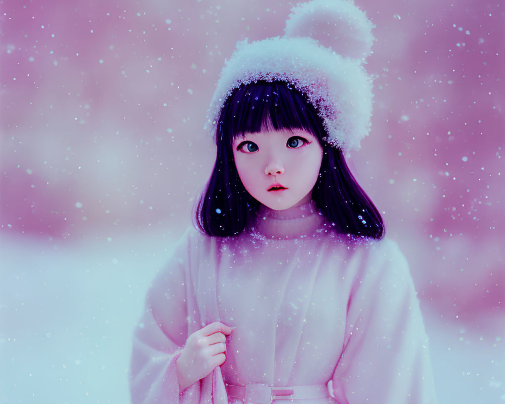 Child in white pom-pom hat and coat gazes at falling snow