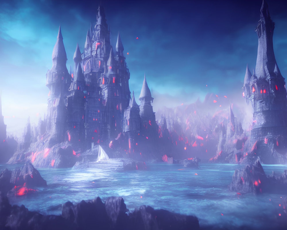 Looming Castle in Icy Terrain with Red Lava and Purple Sky