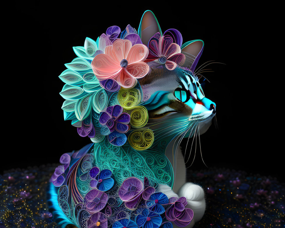 Colorful Floral Patterns on Cat Against Dark Background