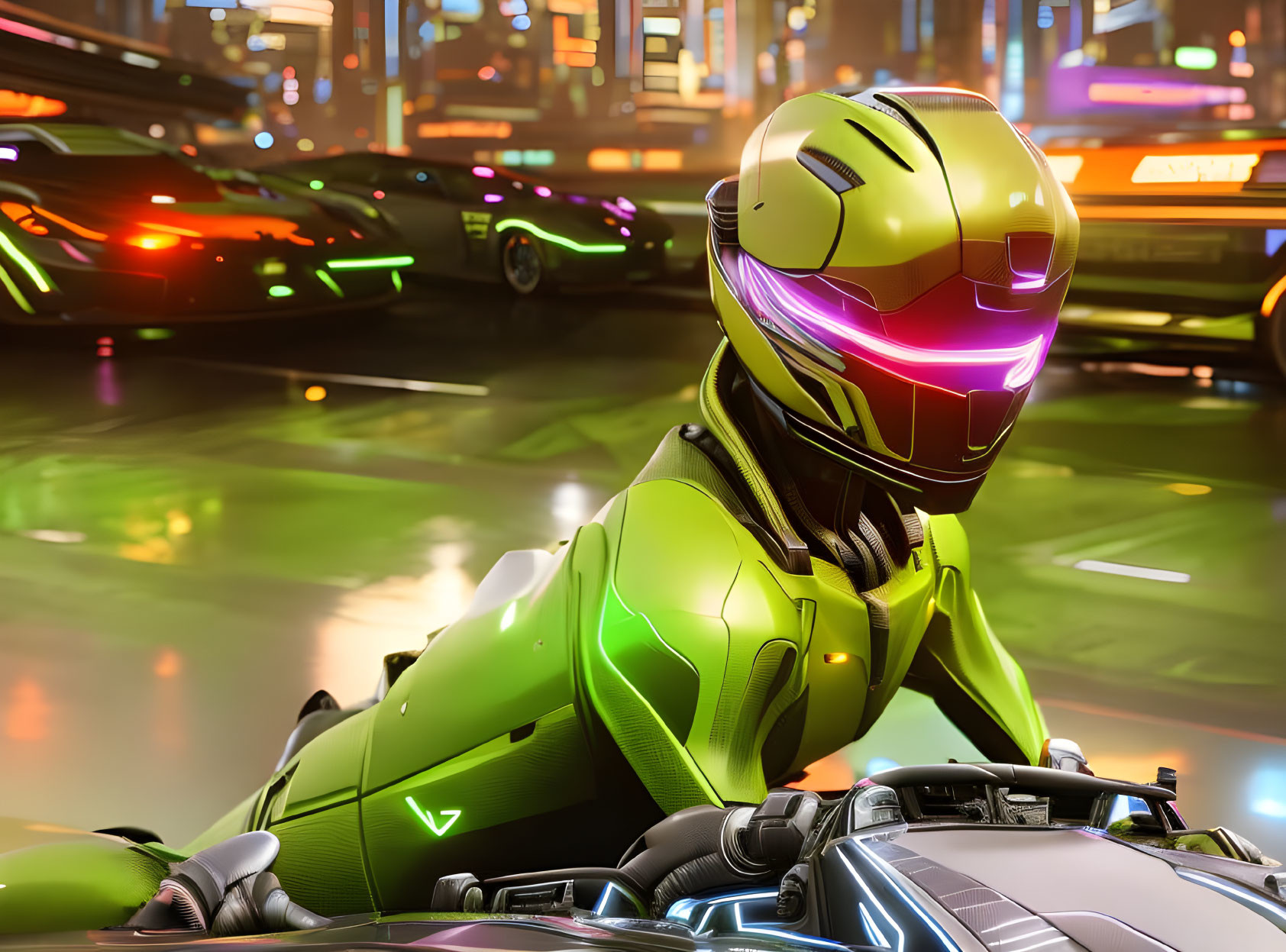 Neon-lit city scene with futuristic motorcyclist