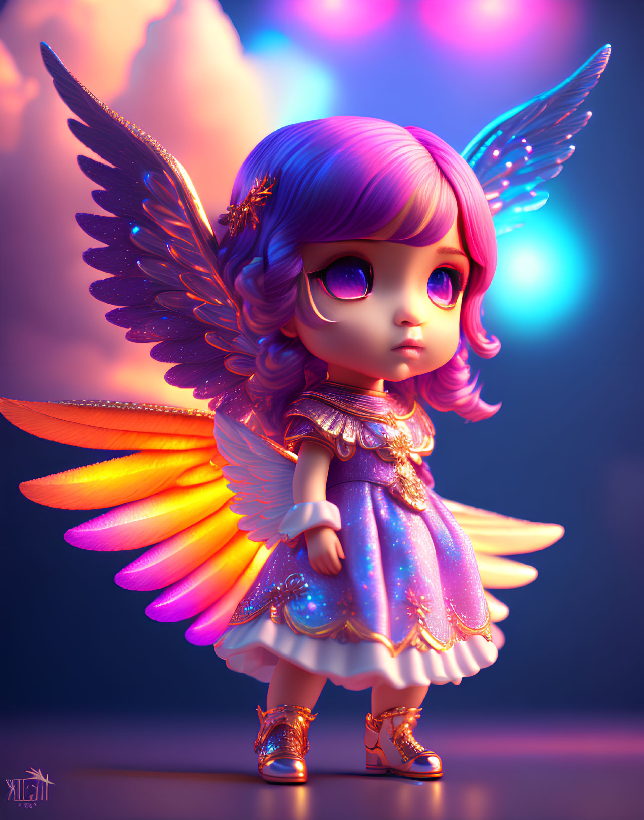 Colorful digital artwork of doe-eyed character with purple hair and fairy wings.