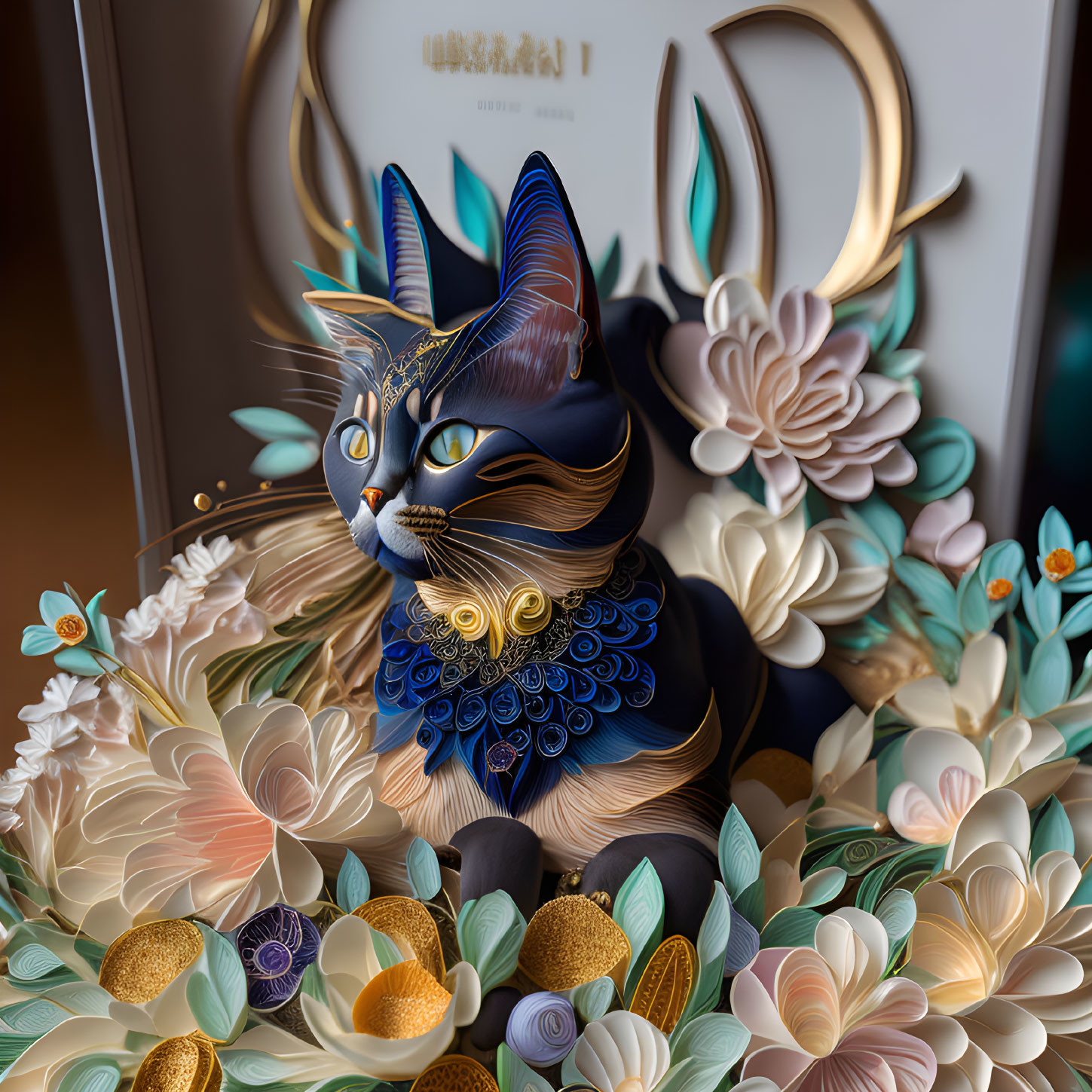 Colorful Cat Artwork with Intricate Patterns and Paper Flowers