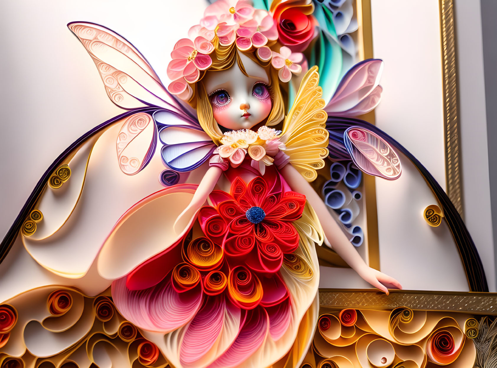 Colorful fairy quilled paper art with intricate wings and floral dress