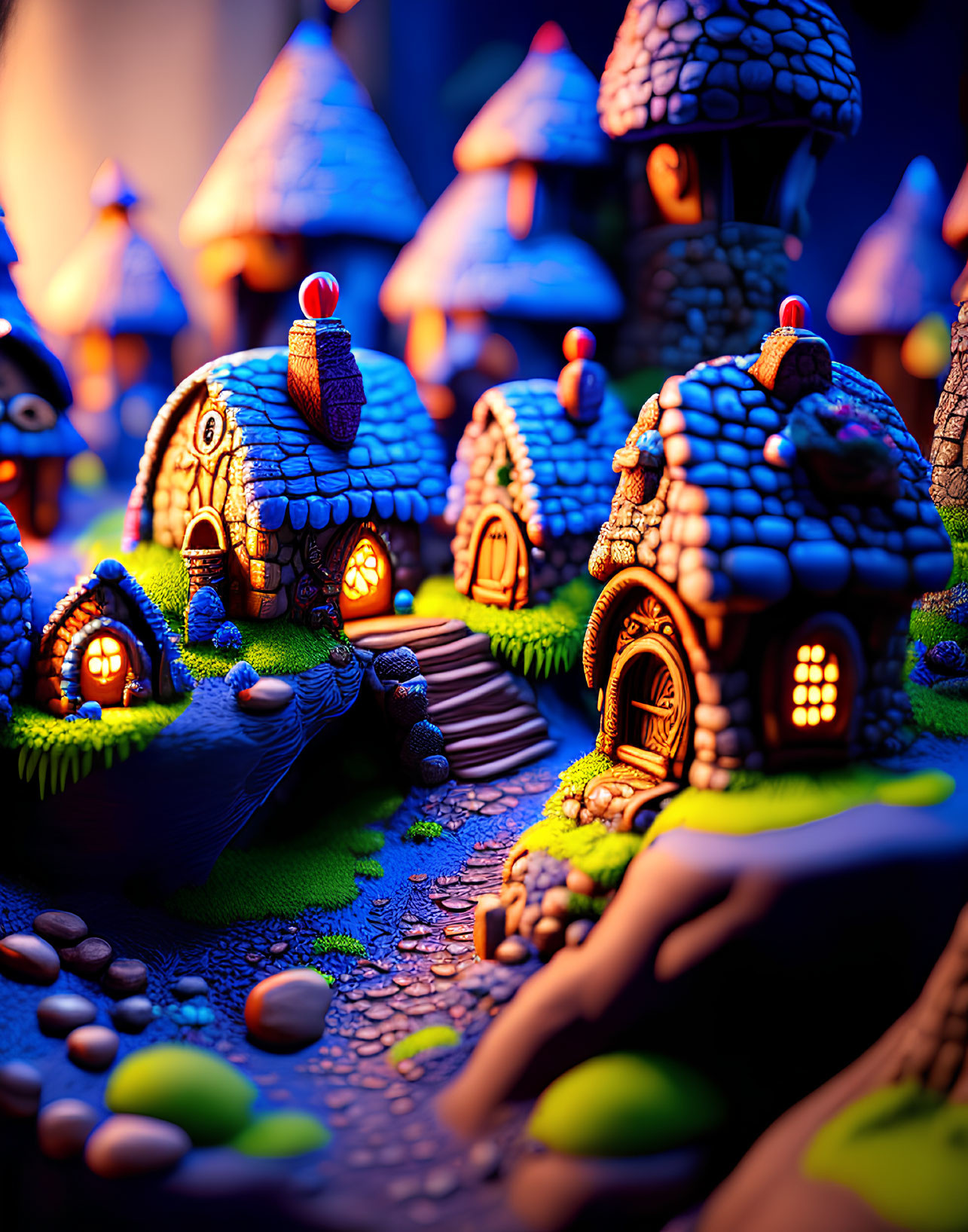 Enchanted fantasy village scene with tiny mushroom-shaped houses at night