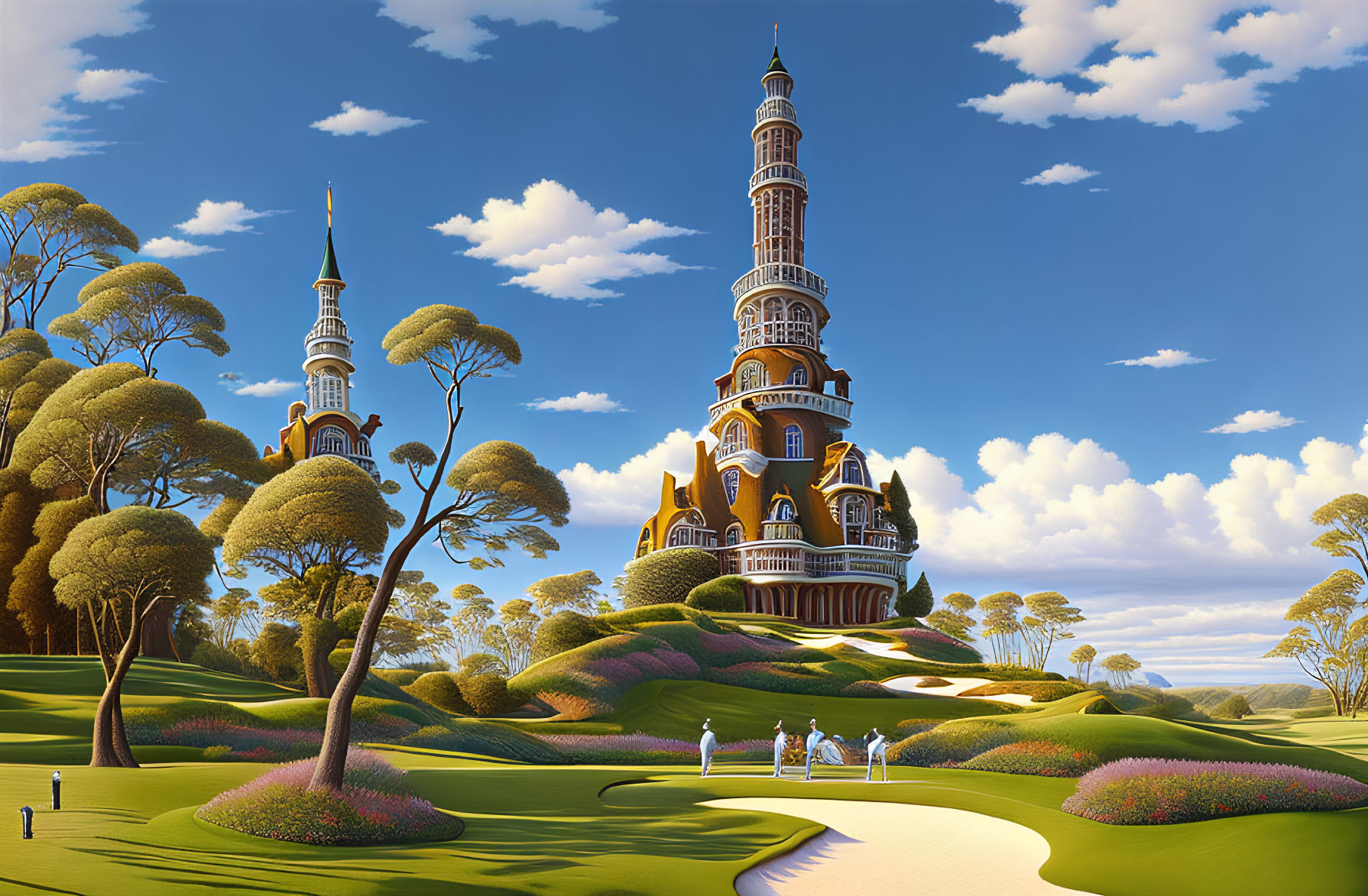 Whimsical tower in surreal landscape with golfers and trees