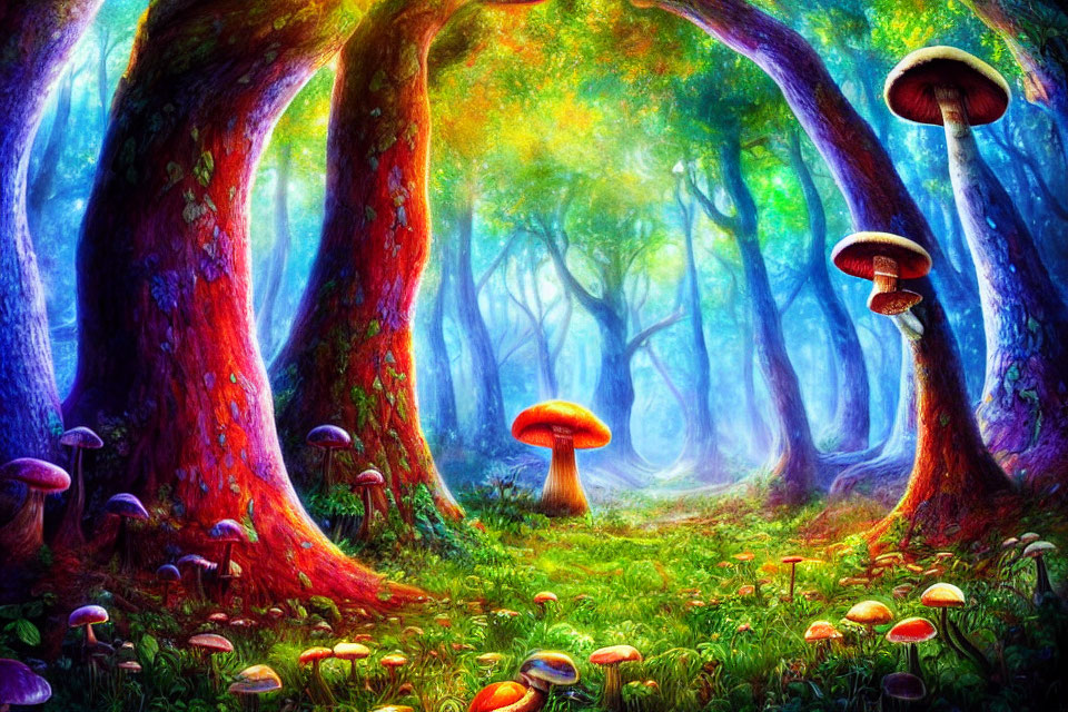 Enchanted forest with large mushrooms and twisted trees