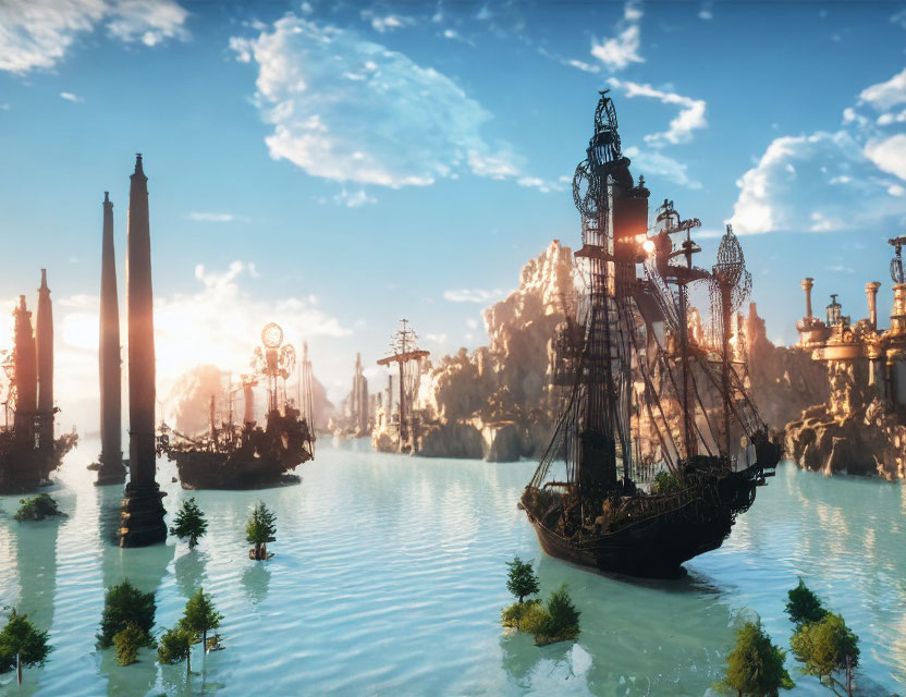 Fantastical landscape featuring vintage ship, towering pillars, and floating islands.