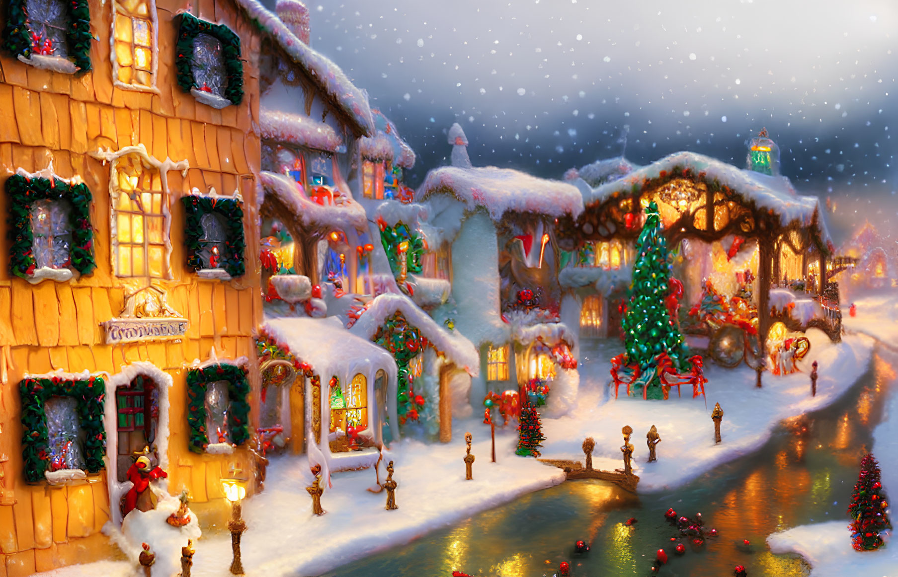 Snow-covered Christmas village with festive decorations and lit tree