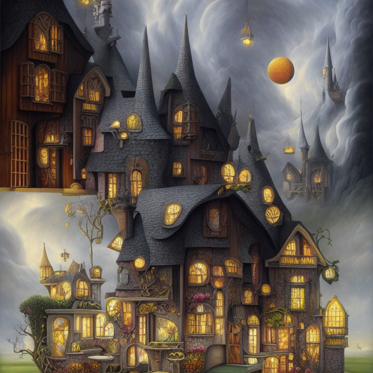 Fantasy houses with multiple roofs and glowing windows under a moonlit sky