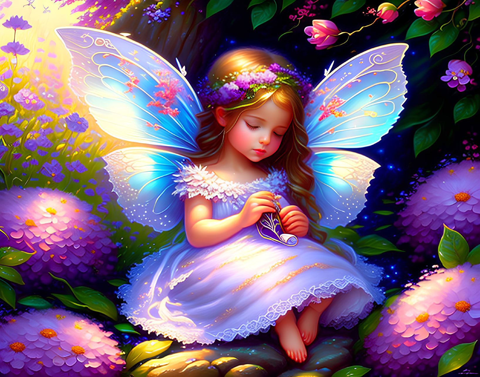 Young fairy with delicate wings among vibrant flowers holding butterfly