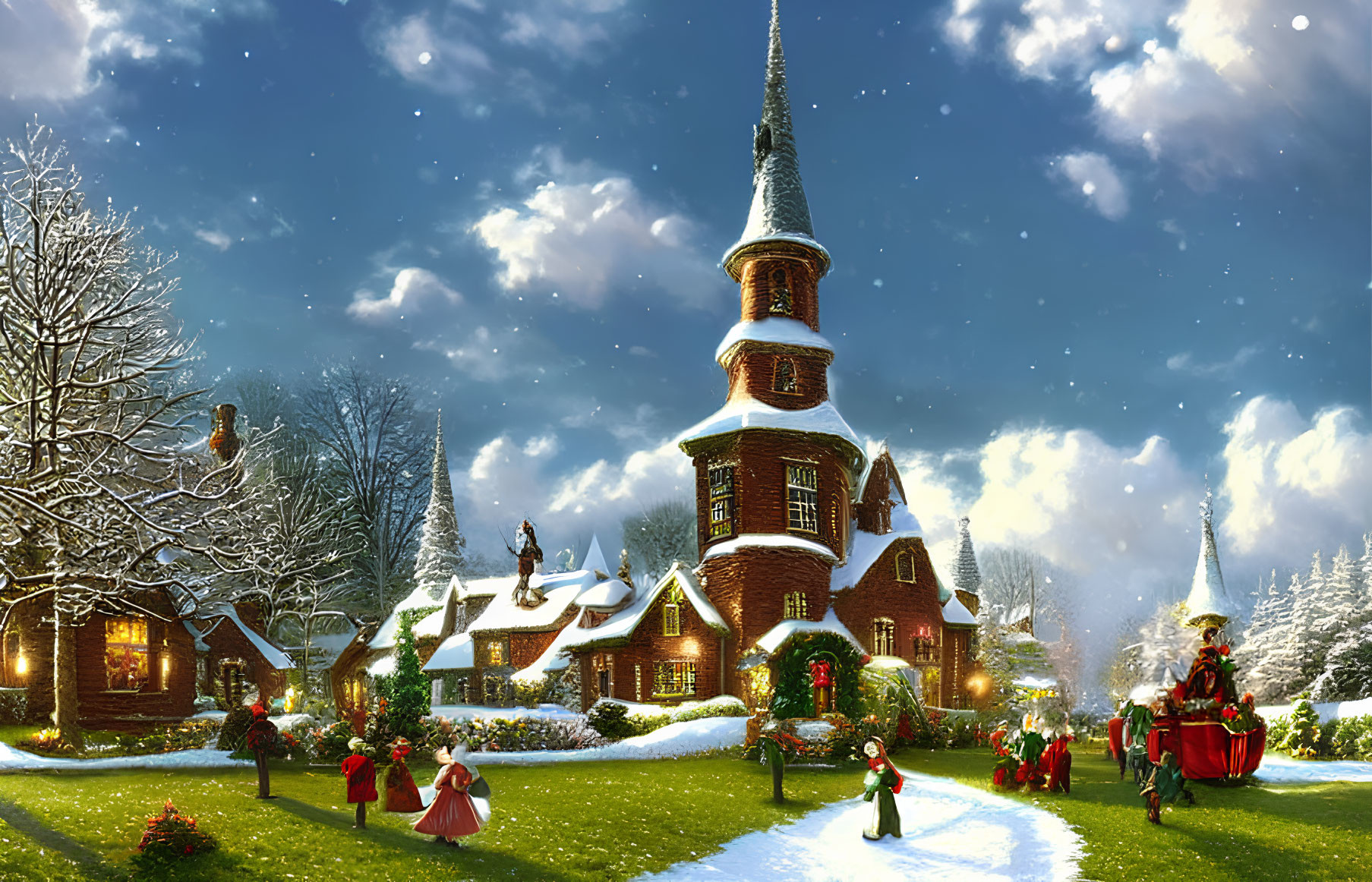 Victorian winter village with snow-covered landscape and horse-drawn carriage