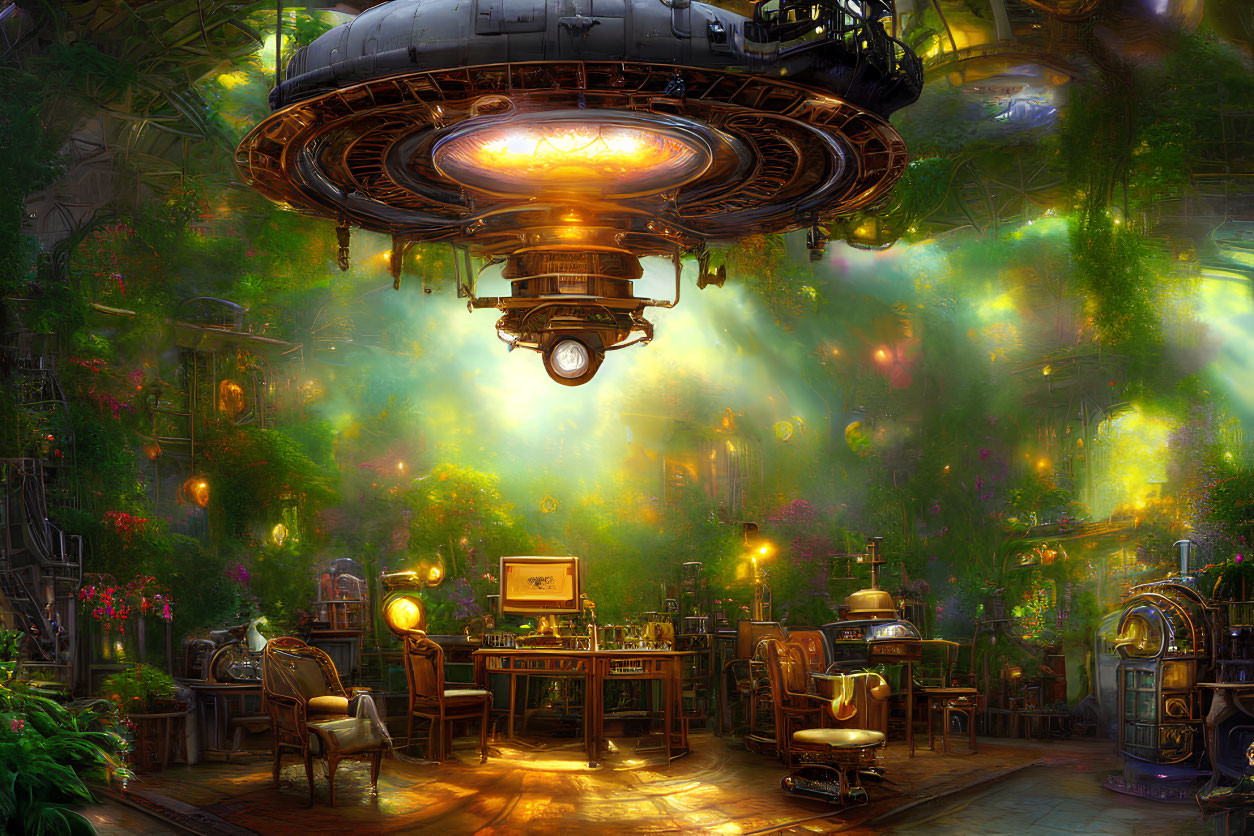 Steampunk-inspired room with greenery, hovering craft, vintage furniture, and scientific apparatus