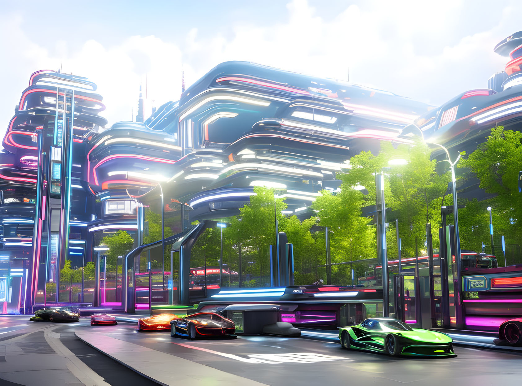 Sleek futuristic cityscape with neon lights and modern vehicles