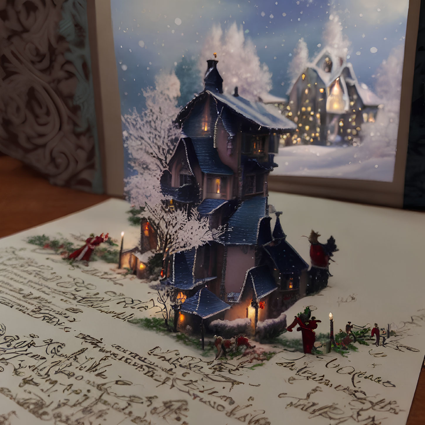 Detailed 3D Winter Scene Christmas Card with Snow-Covered House