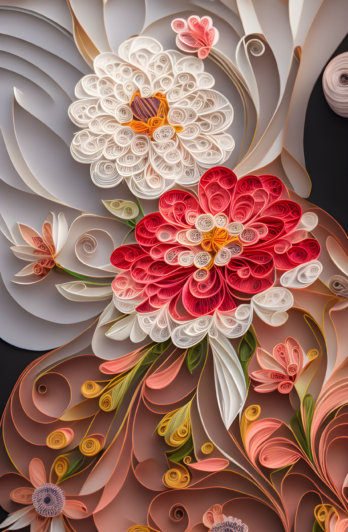 Colorful Paper Quilling Art of Vibrant Flowers and Swirls on Dark Background