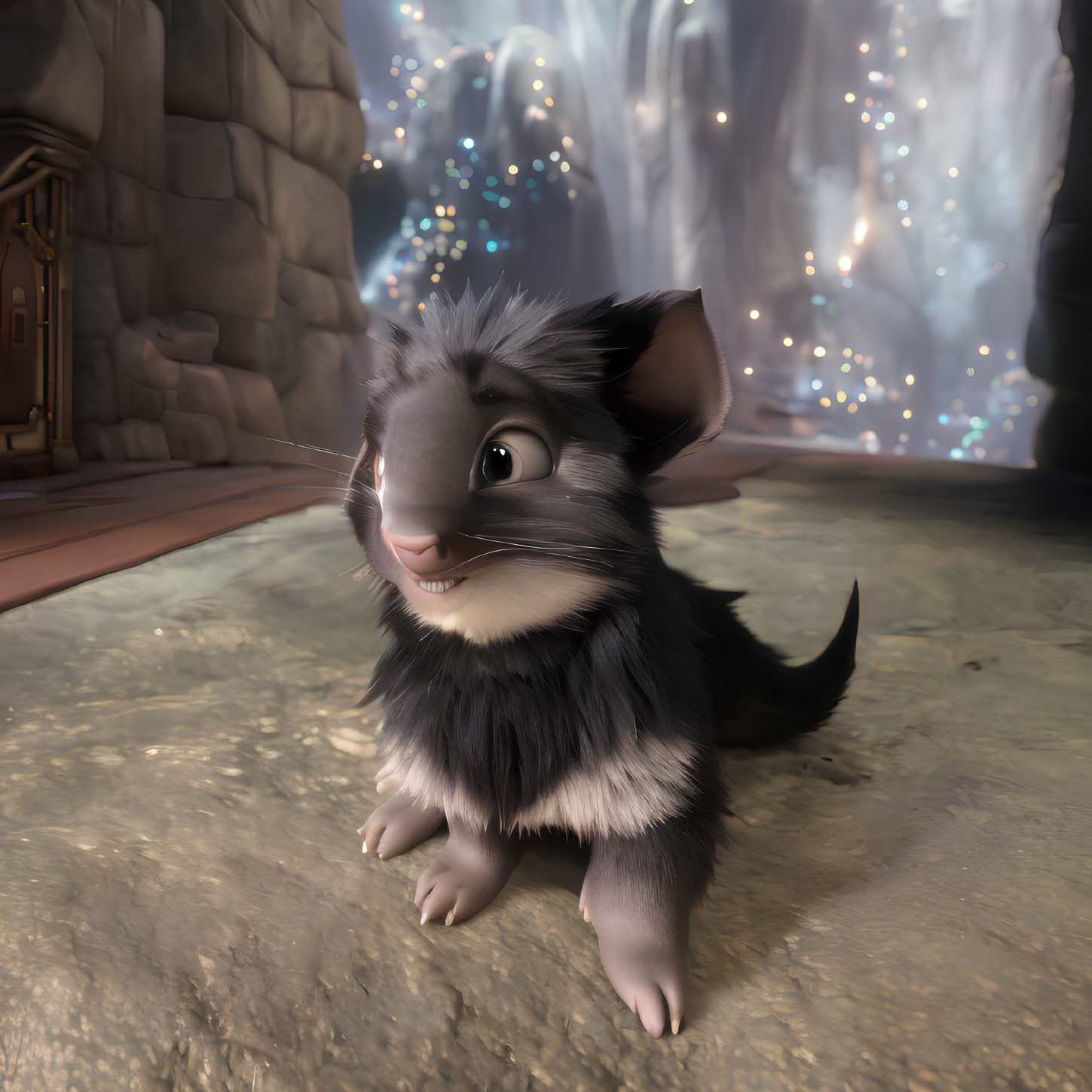 Grey and black fur animated kitten in fantasy cave with glowing crystals and waterfall