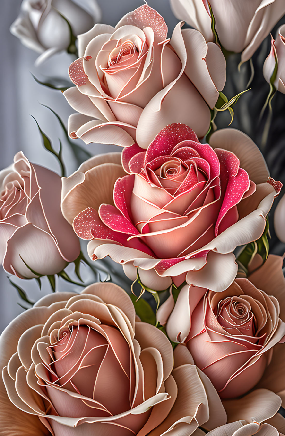 Detailed Close-Up of Delicate Pink Roses with Water Droplets