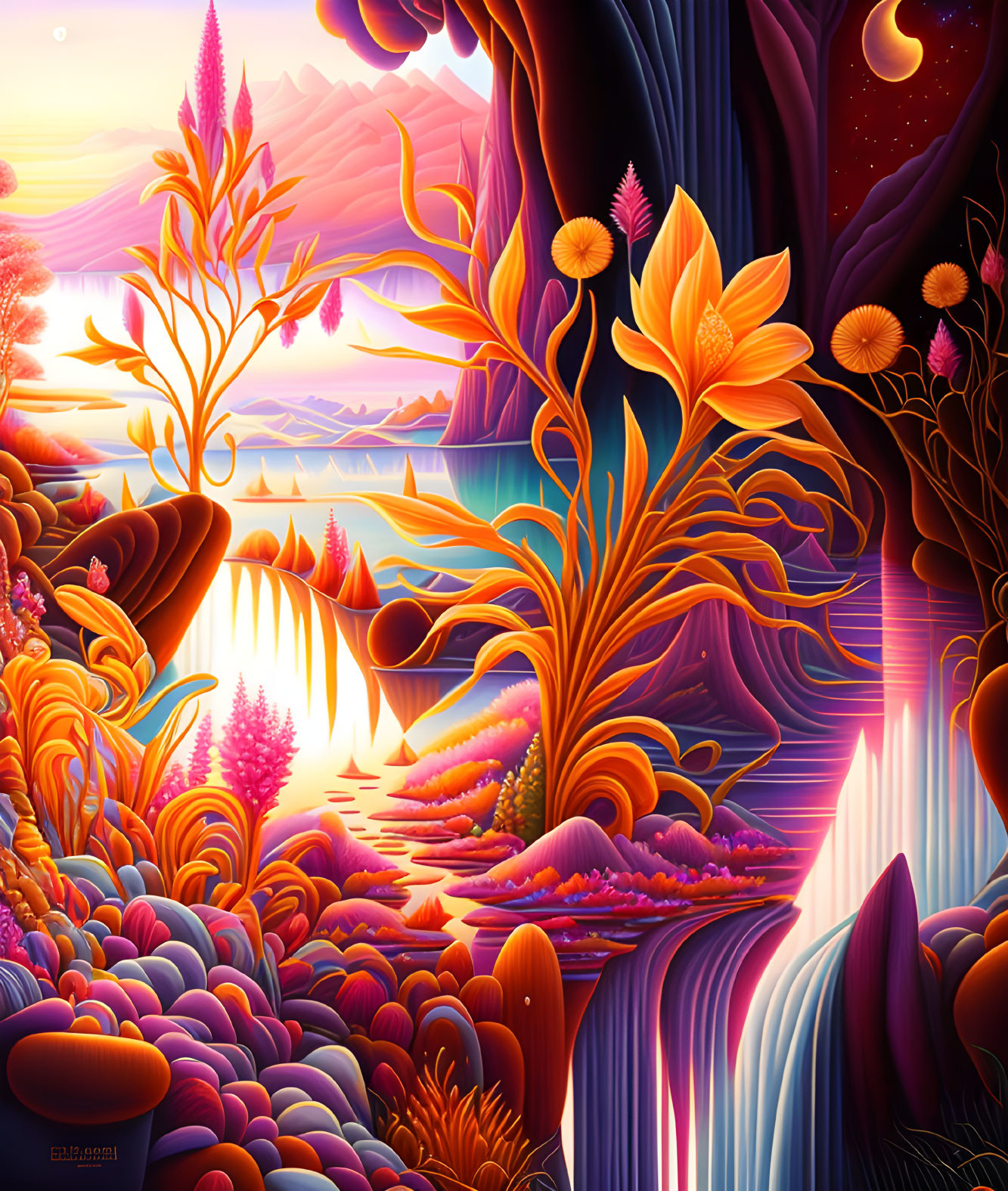 Surreal landscape with vibrant plant life under starry sky