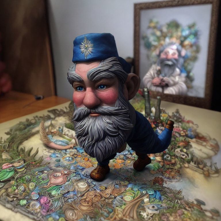 Colorful 3D illustration of bearded gnome on floral map