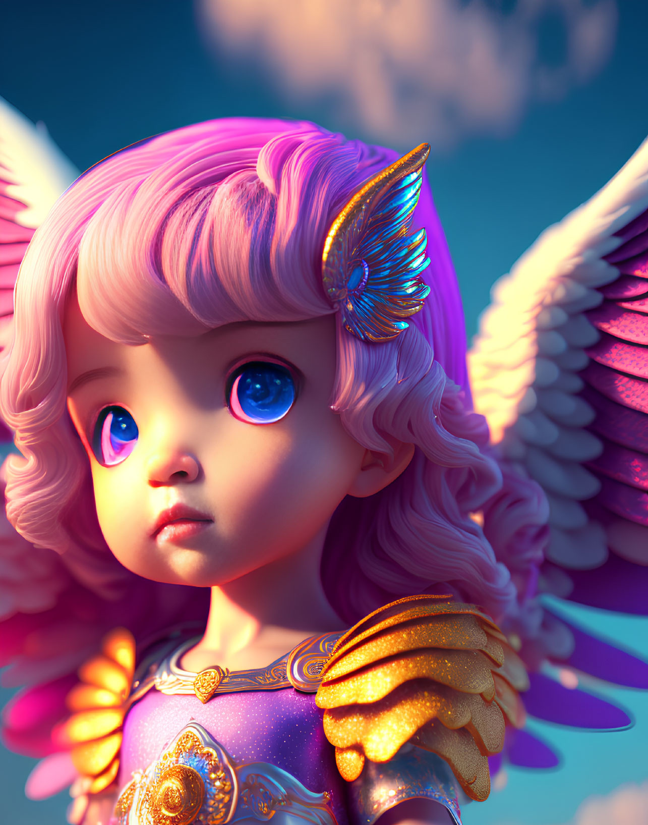 Fantastical character with blue eyes, pink hair, winged earmuffs, and feathery