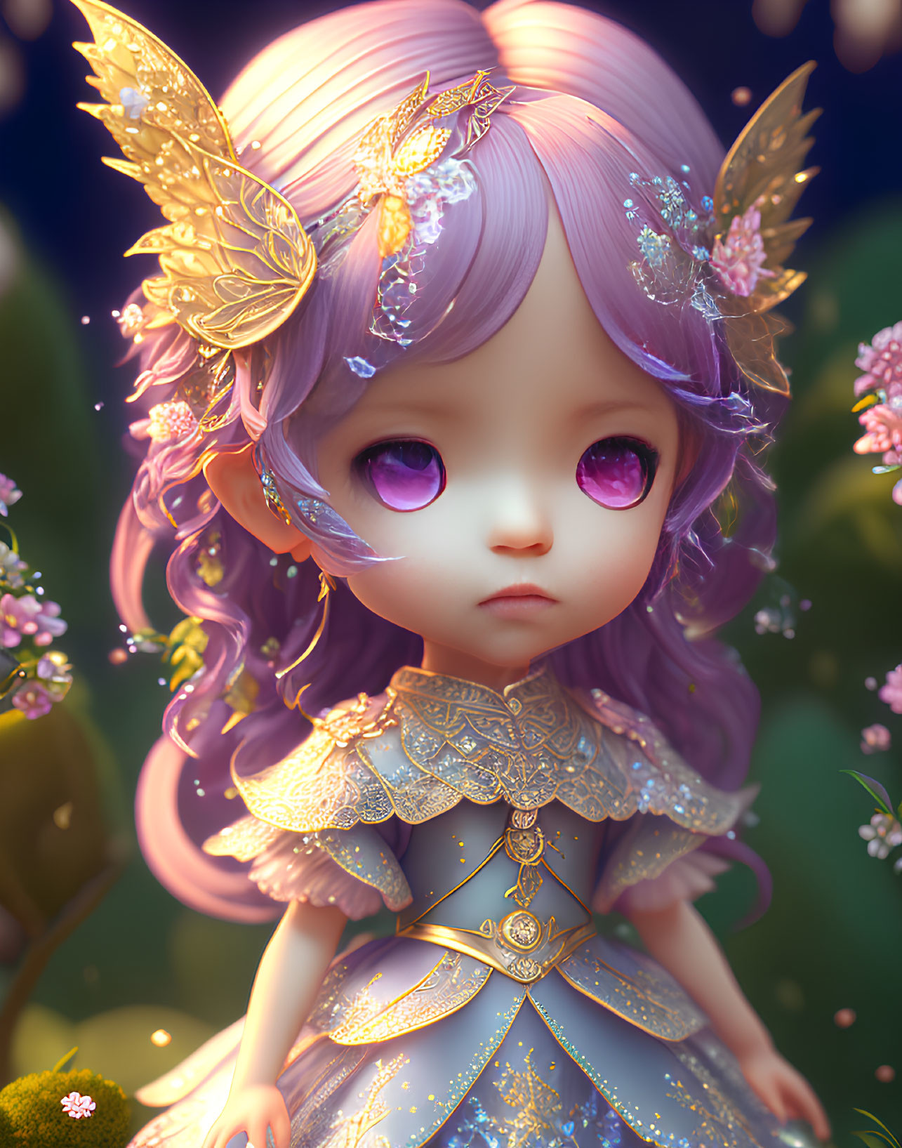 Detailed 3D fantasy character with purple hair and golden floral accessories