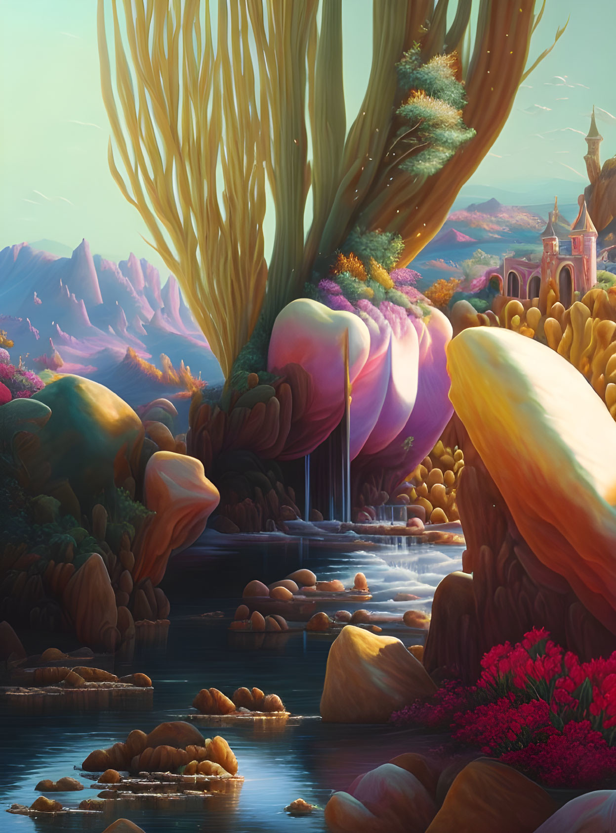 Vibrant fantasy landscape with golden tree, waterfalls, and magical structures