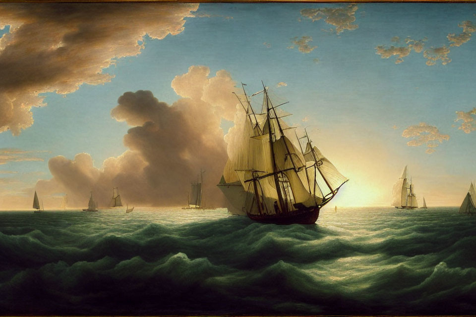 Sailing ship painting on turbulent sea with glowing sky