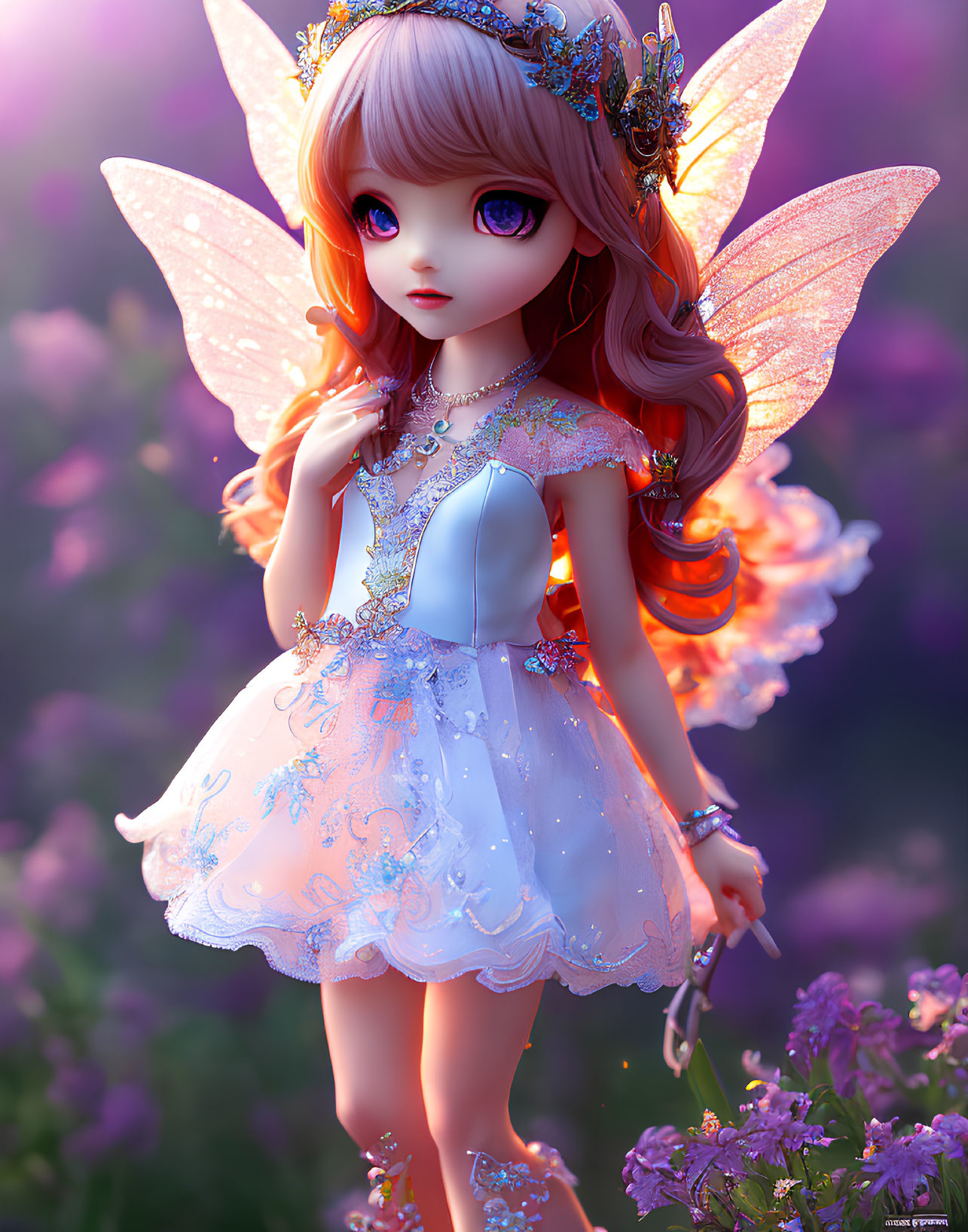 Animated fairy with translucent wings in vibrant floral setting