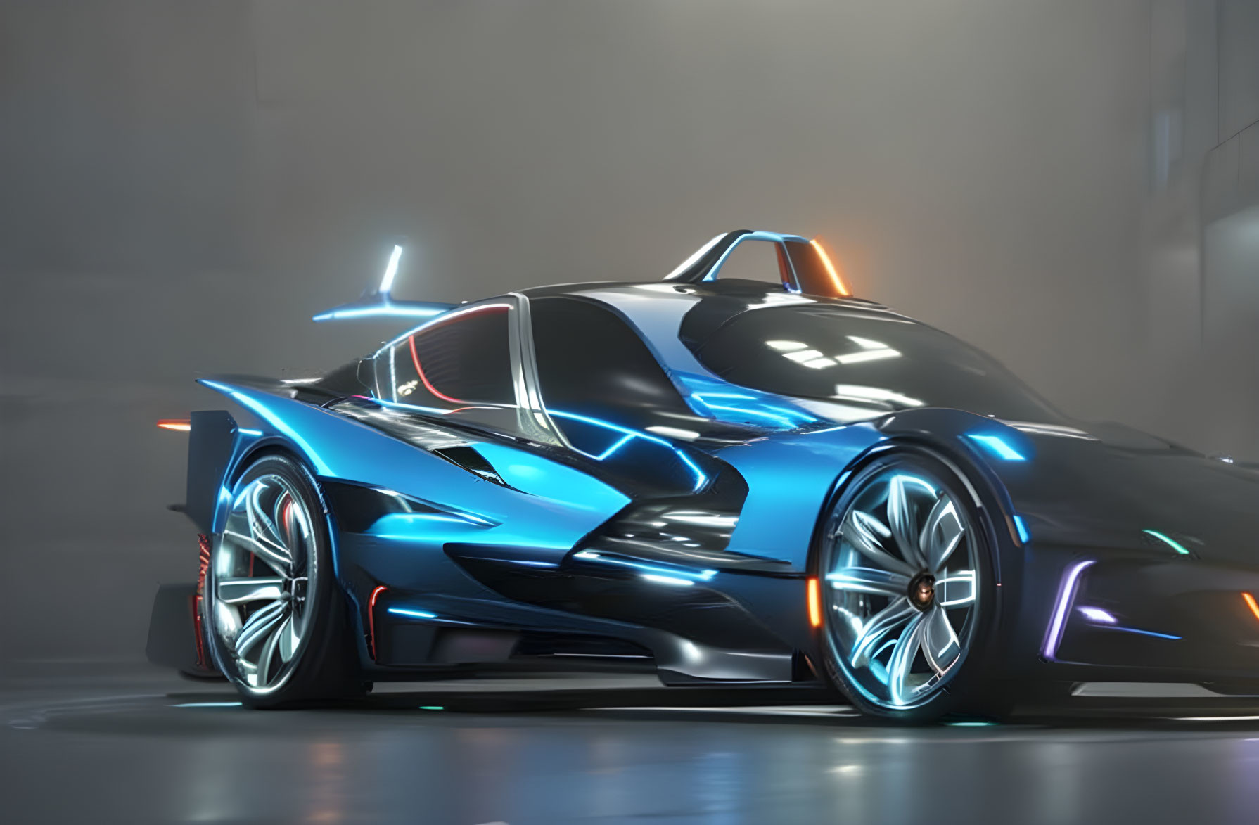 Futuristic Blue Sports Car with Neon Accents in Dimly Lit Setting