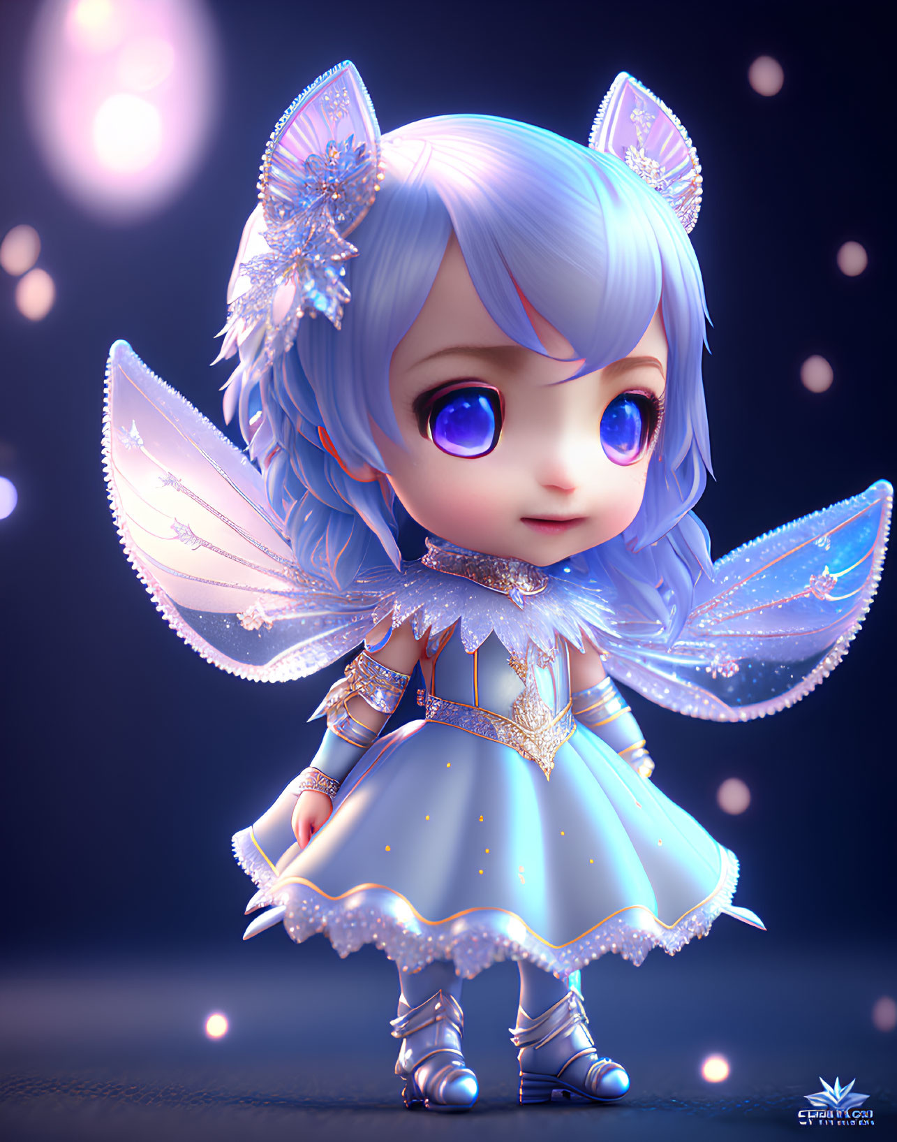 Stylized animated character with blue hair and fairy wings