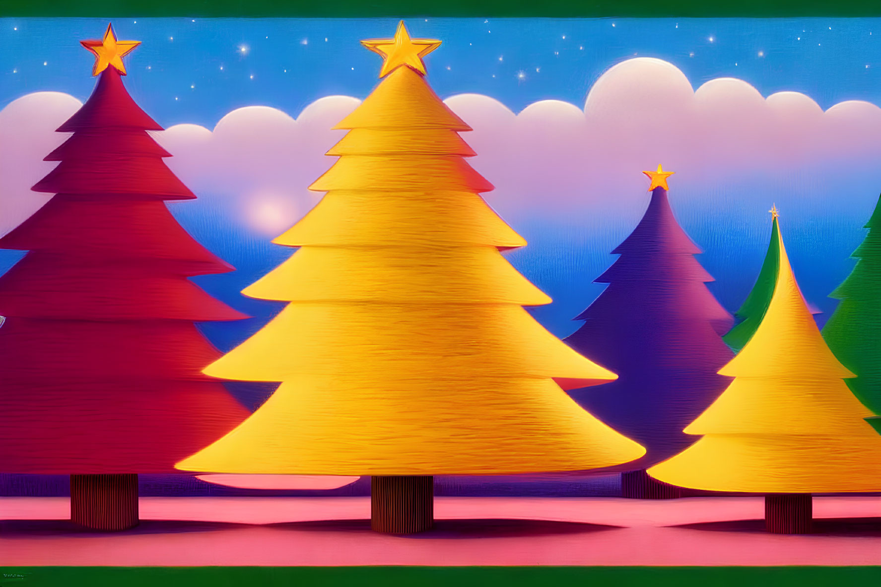 Four Stylized Christmas Trees with Stars on Whimsical Night Sky