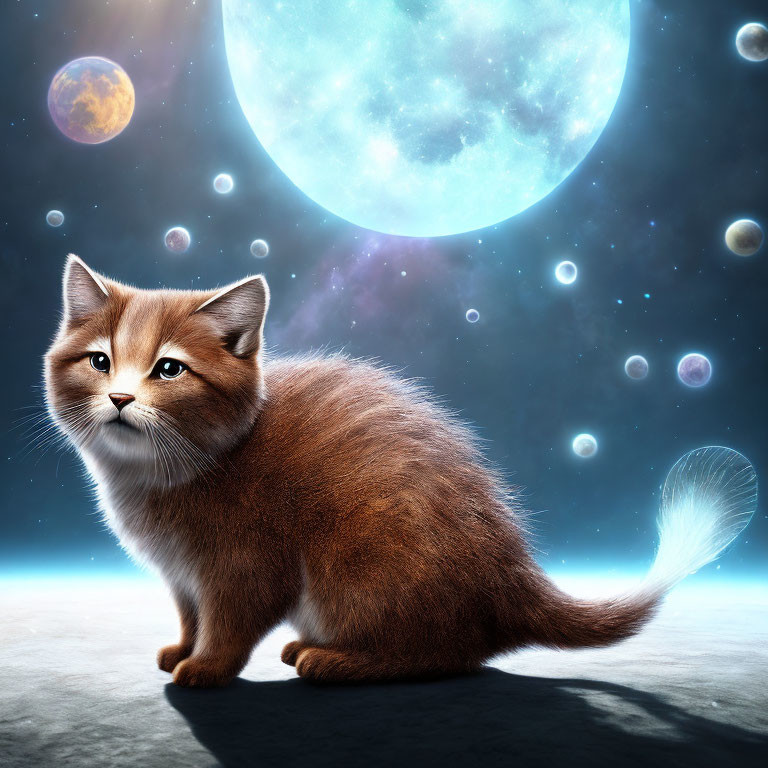 Ginger cat under blue moon and glowing orbs in night sky