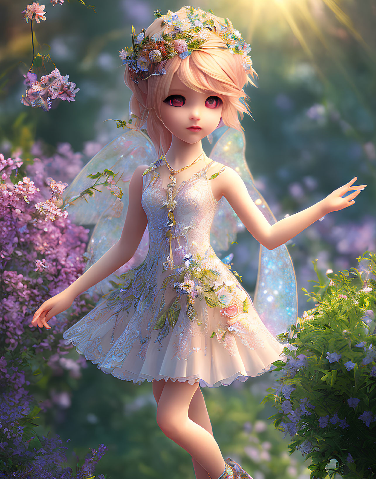 Fairy with Wings in White Dress Among Purple Flowers