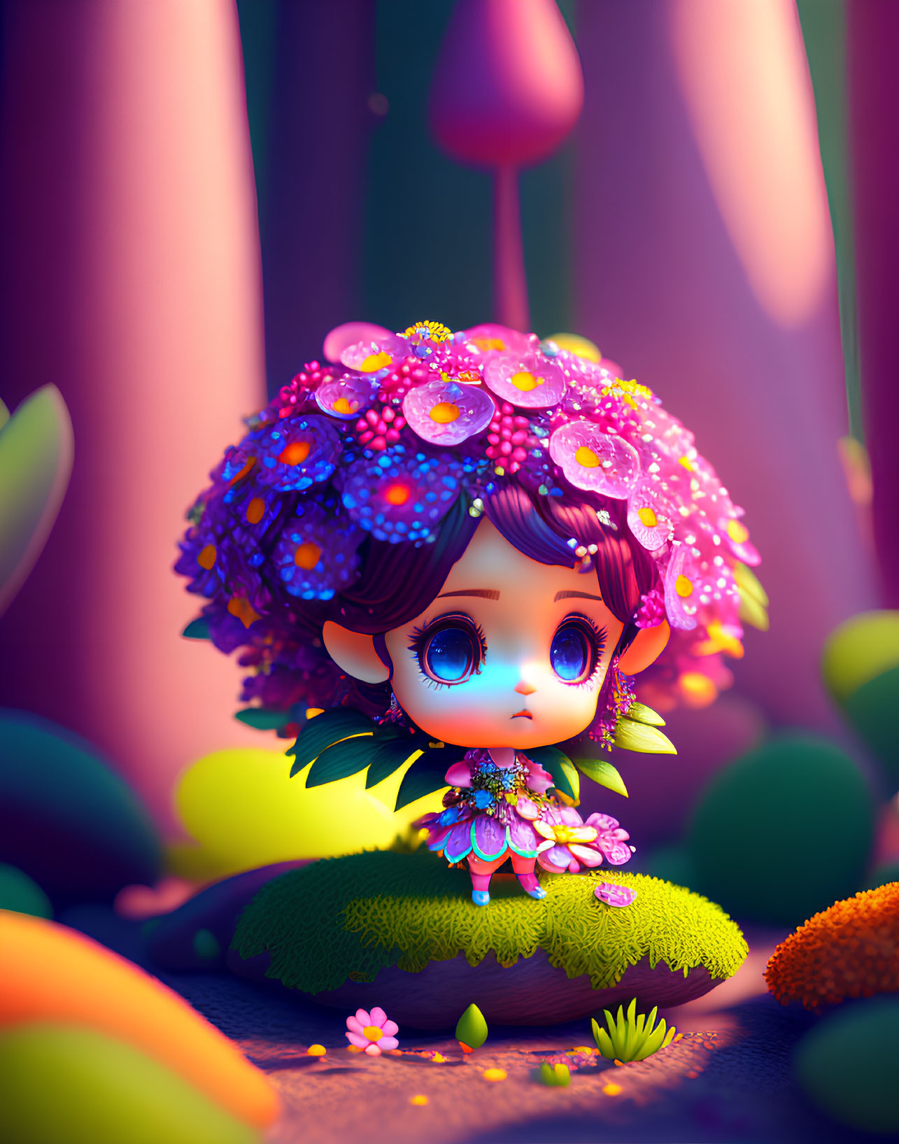 Colorful Stylized Character with Blue Eyes and Floral Headdress in Whimsical Landscape