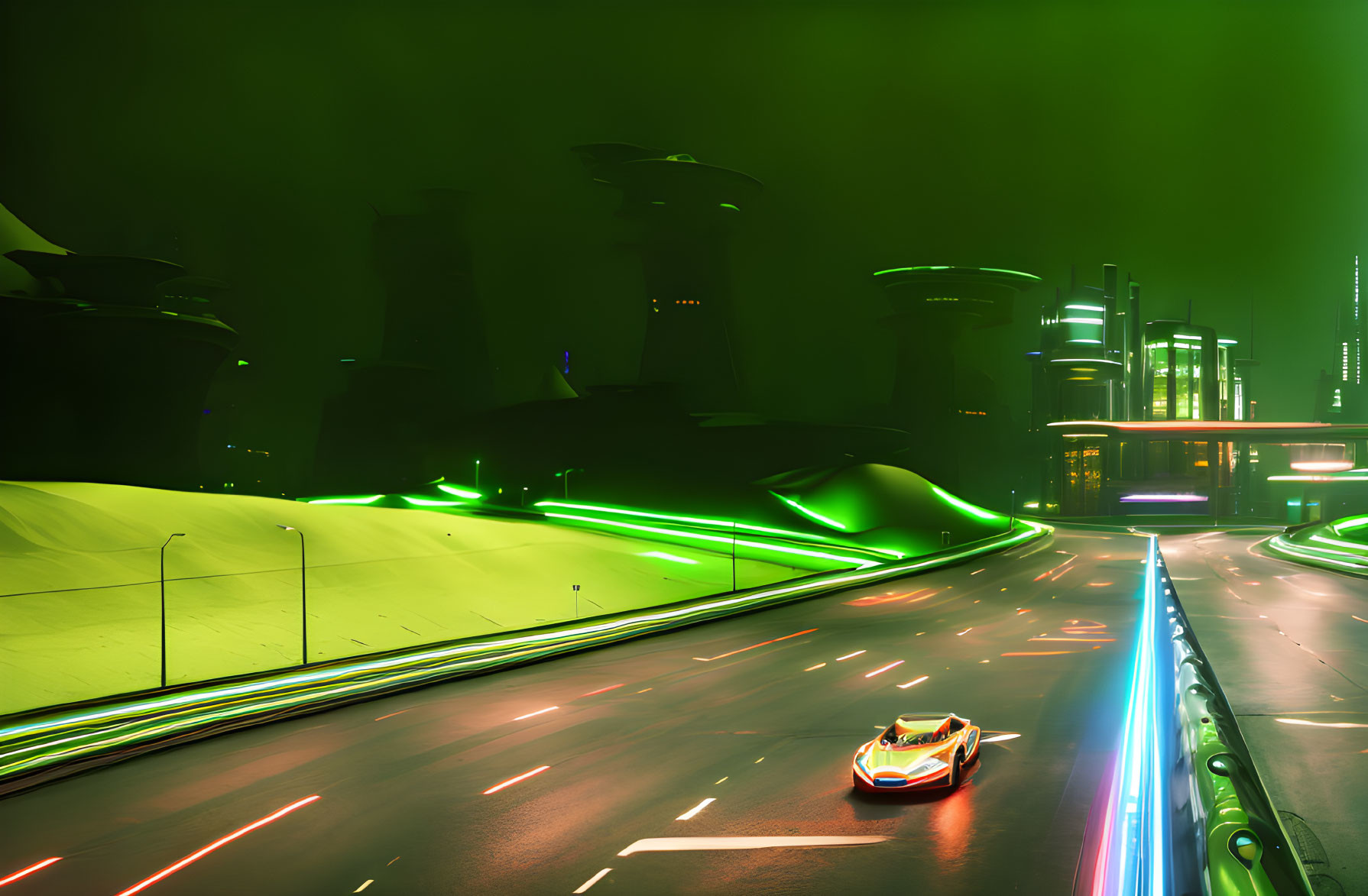 Futuristic cityscape at night with neon lights and lone car on highway