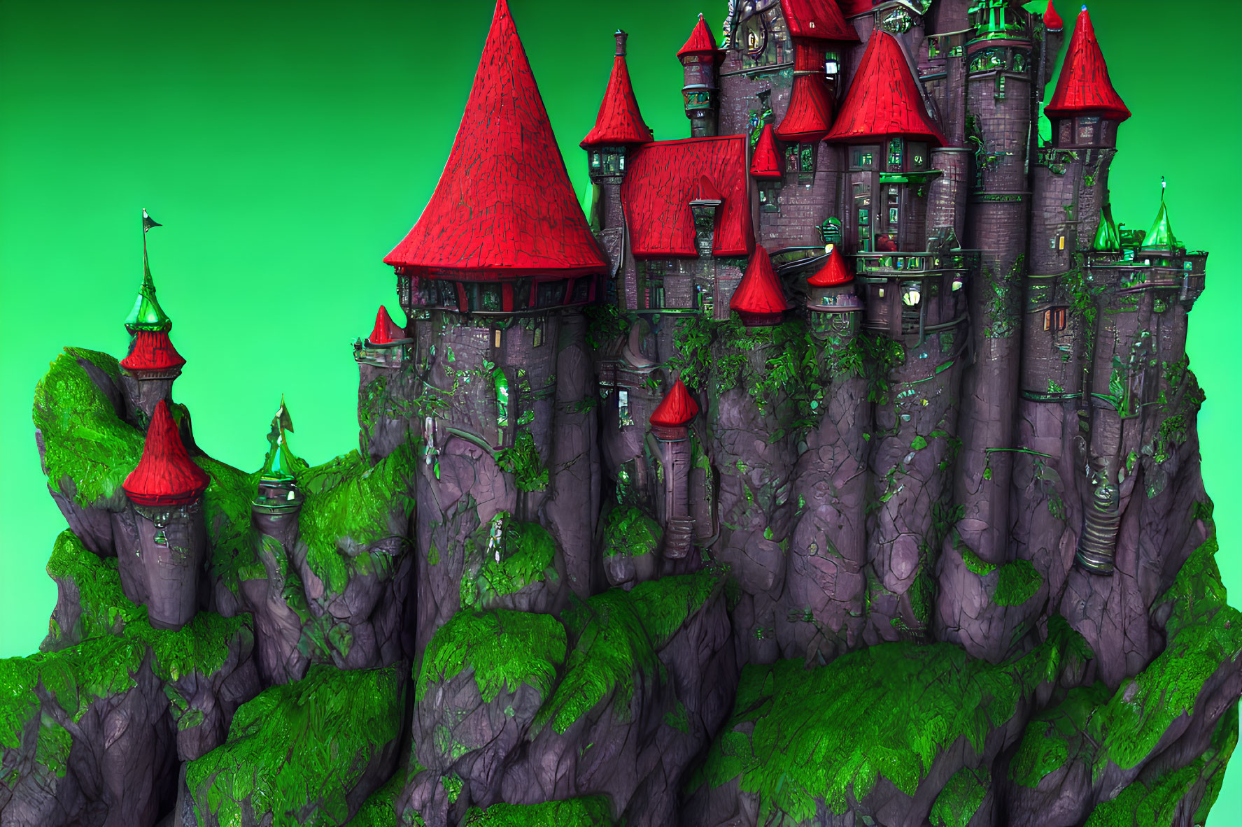 Fantastical castle with red roofs on craggy outcrop in lush green setting